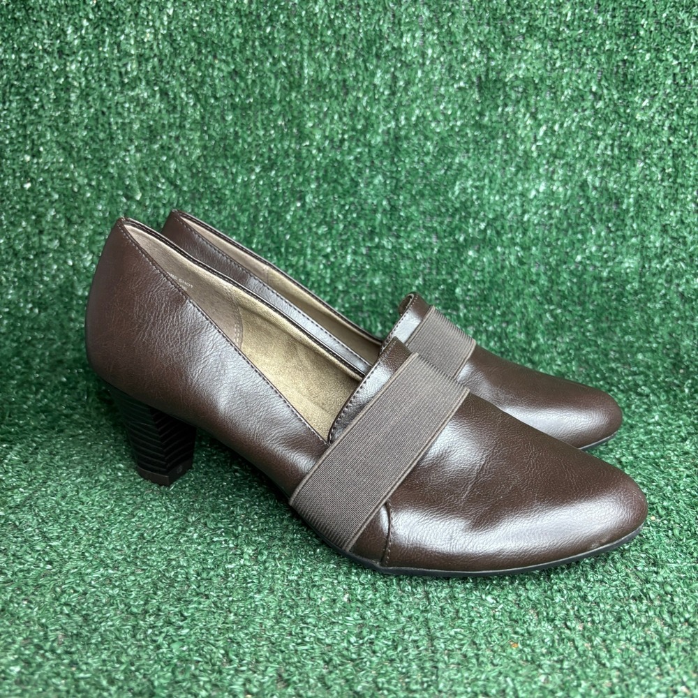 A2 by Aerosoles Leather Elastic Strap Career Pumps Brown Faux Leather Womens 8‎